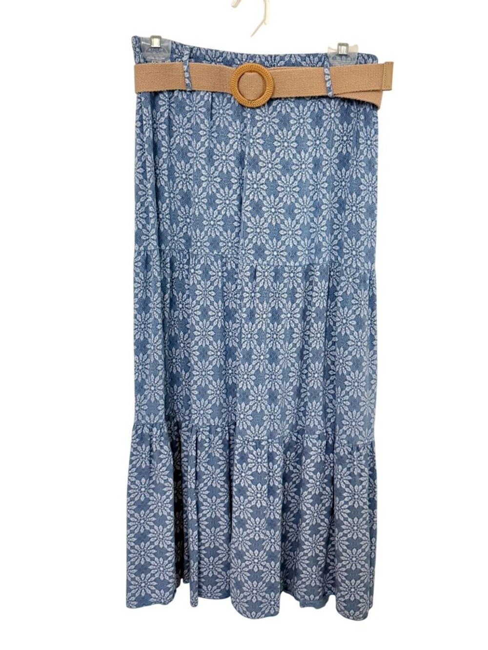 Womens Blue/floral Maxi Tiered Prairie Skirt, Size M, with belt Cottagecore, boh